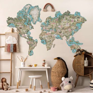FOLDZILLA Carte du monde murale 3D - Curiosités et animaux aquarelle